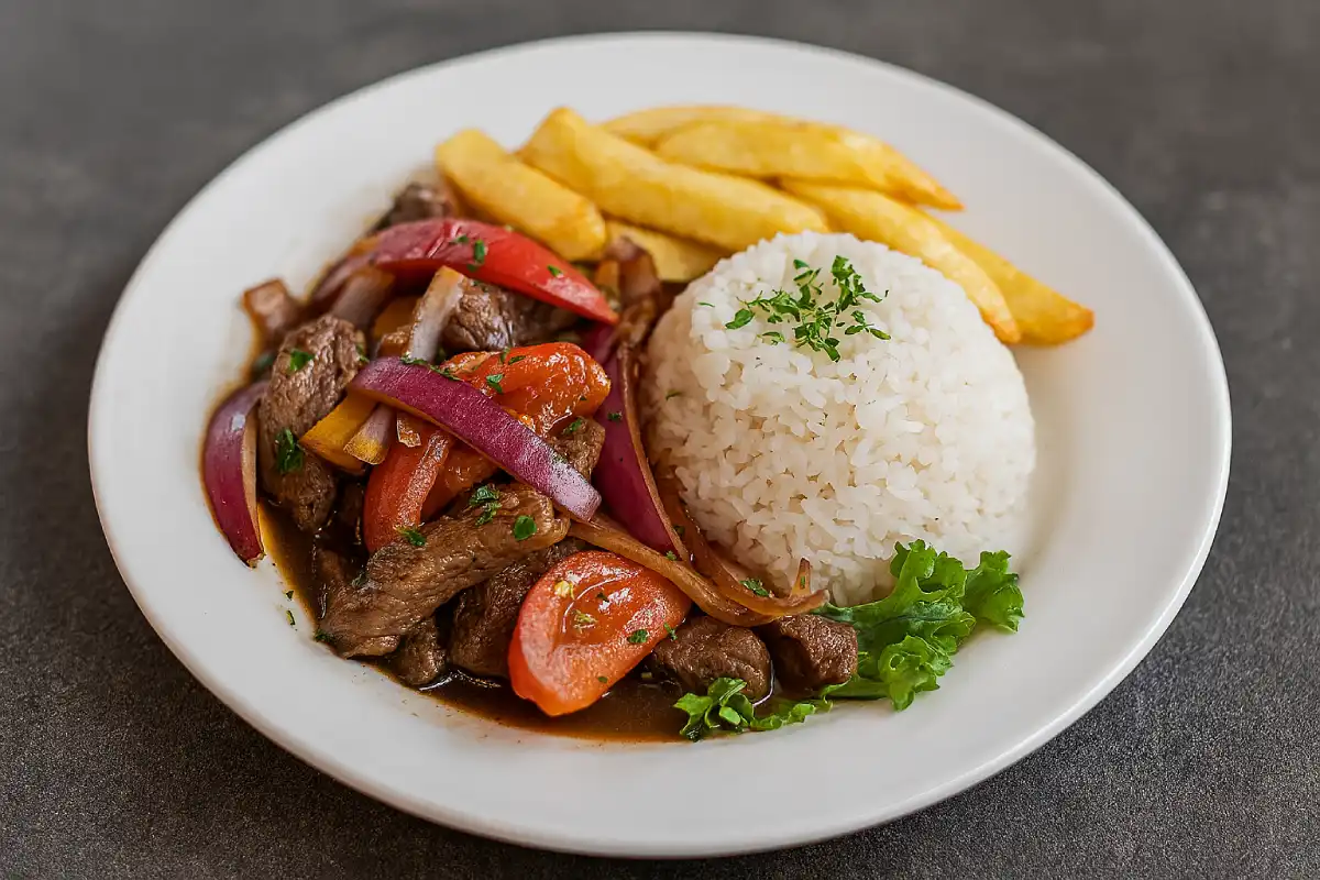 A plate of Peruvian Lomo Saltado (stir-fry).