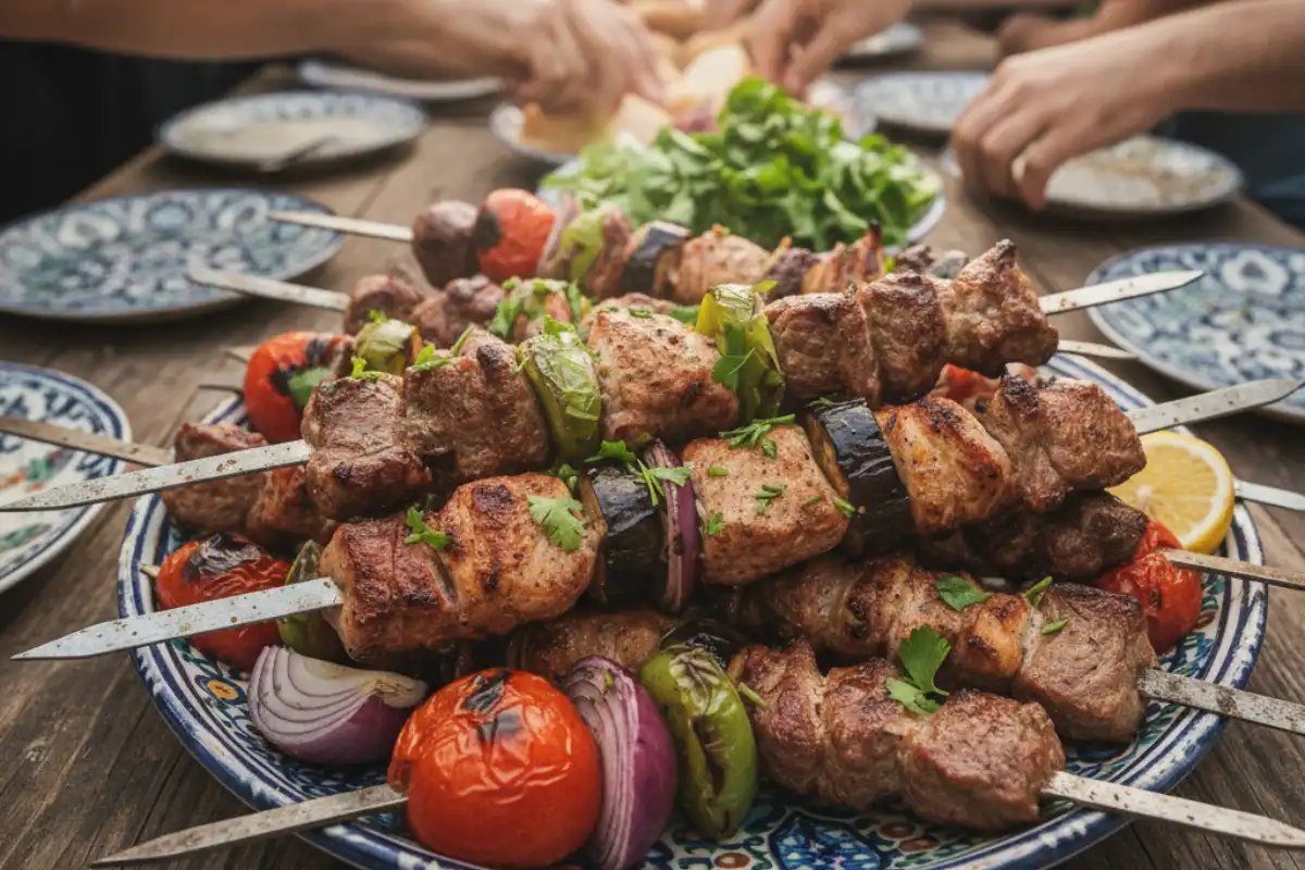 A plate of traditional Armenian Khorovats (BBQ) skewers.