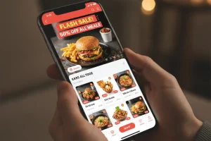 A phone screen displaying a popular food delivery app with a large discount banner over a picture of a delicious meal.