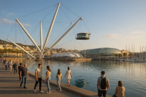 The Porto Antico of Genoa with the Bigo panoramic lift and the Aquarium in the background.