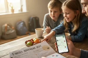A detailed, printed travel itinerary resting on a wooden table next to a smartphone showing a shared digital map, ensuring family members are fully informed.