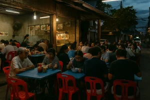 A bustling, small, unpretentious local restaurant with plastic chairs and a lively crowd of local diners enjoying street food at dusk.