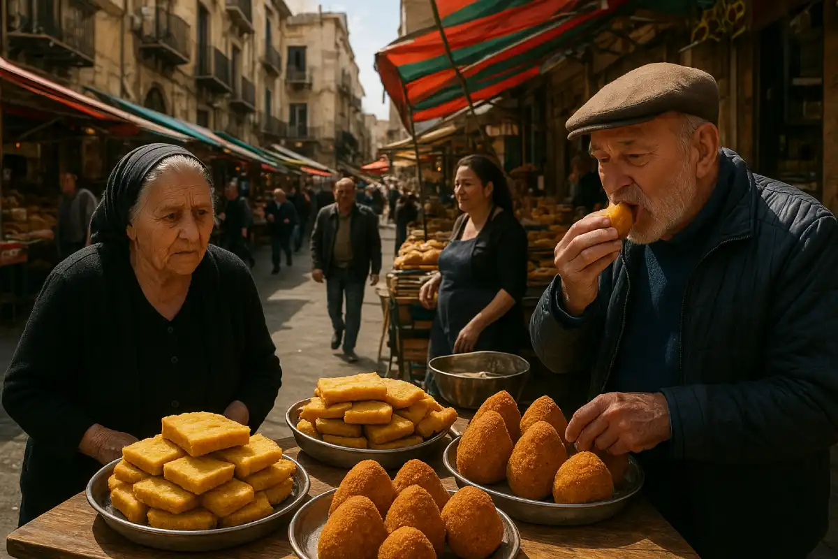 A variety of Sicilian street food including Arancina and Panelle.