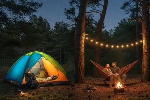 A side-by-side view of a colorful tent pitched on the forest floor and a comfortable hanging hammock nearby, ready for a night under the stars.