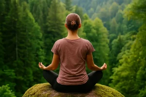 A woman sitting peacefully in a comfortable seated meditation posture on a mossy rock overlooking a dense, misty forest.