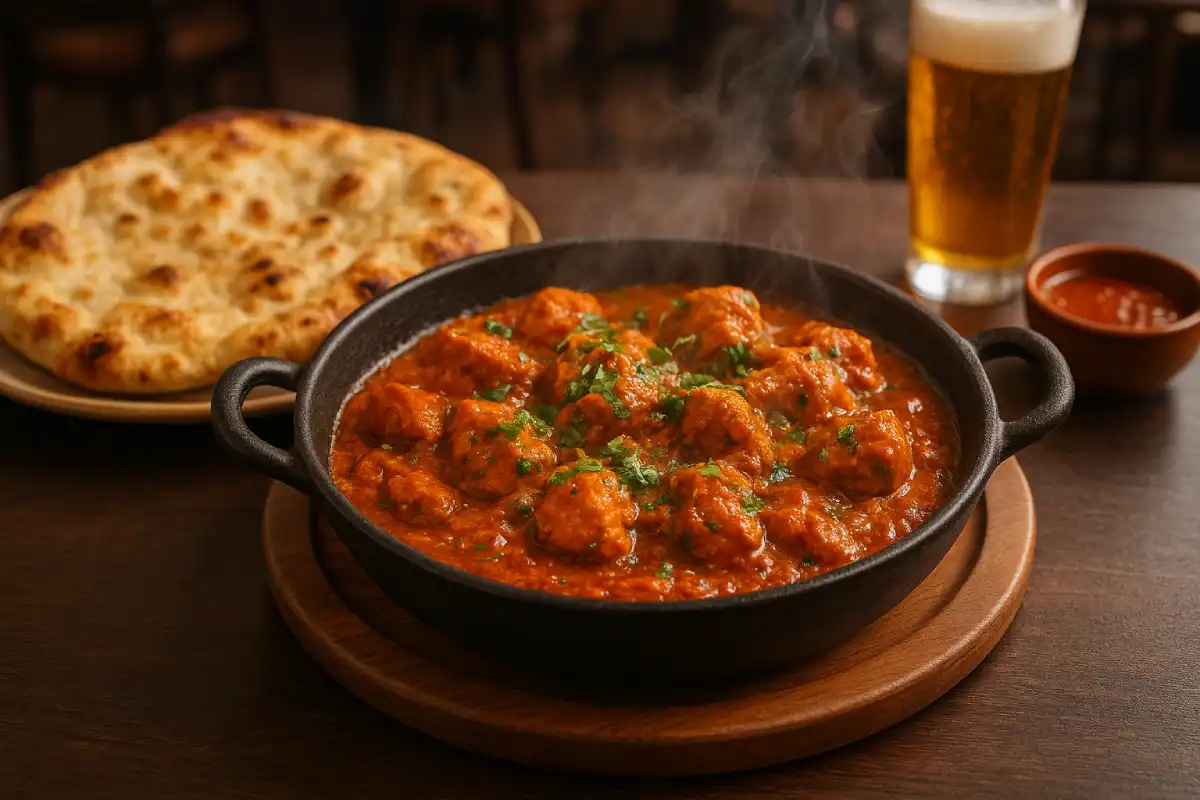 A sizzling Balti dish served with naan bread in a restaurant.