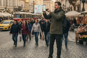 A traveler holding a smartphone displaying a GPS map, using the digital tool to navigate a bustling city street safely.