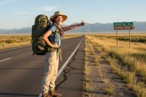 A smiling traveler with a backpack and thumb out, standing confidently at the wide shoulder of a sunny, quiet highway.