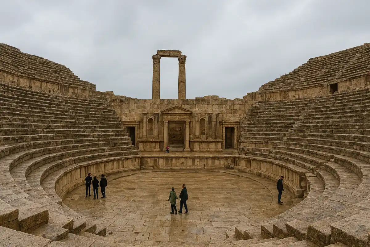 A view of the stone seating and stage of the large Roman Theatre.