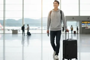 A person rolling a carry-on suitcase through an airport terminal, highlighting the freedom and simplicity of traveling light.