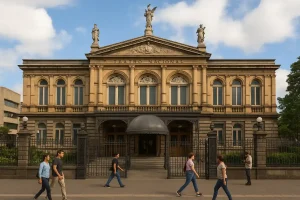 The facade of the beautiful Teatro Nacional in downtown San José, Costa Rica.