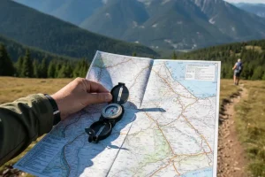 A hiker's hand holding an open topographical map and a physical compass, perfectly oriented against a sweeping mountain landscape.