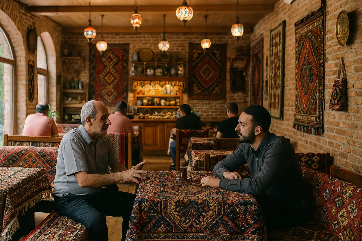 A photo of a traditional Azerbaijani tea house interior.