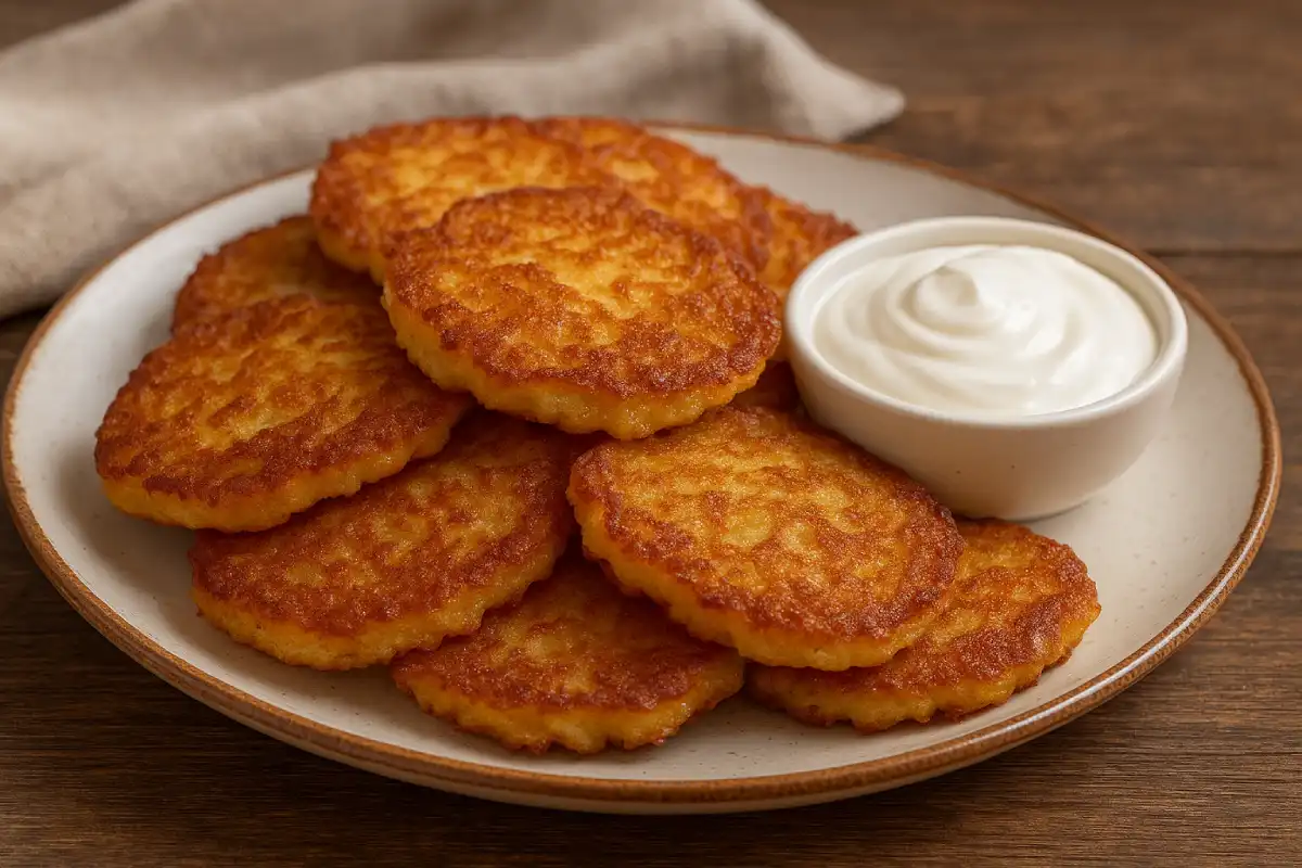 A plate of traditional Belarusian Draniki (potato pancakes) with sour cream.