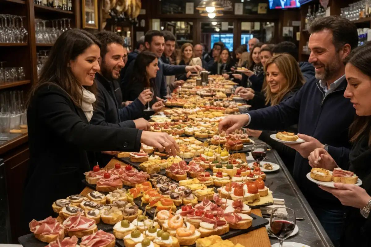 A counter in a traditional Bilbao bar covered with various pintxos (Basque tapas).