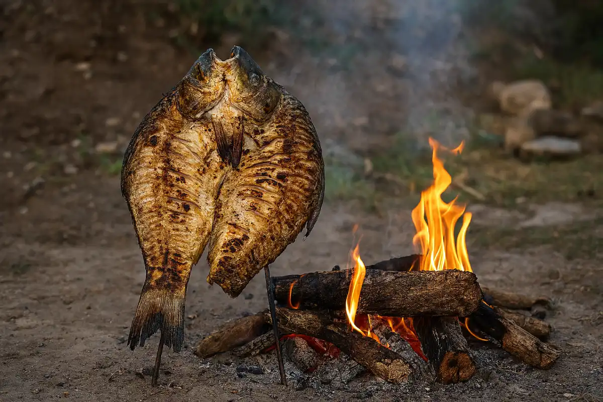 A traditional Iraqi dish called Masgouf, a grilled fish specialty, often cooked outdoors.