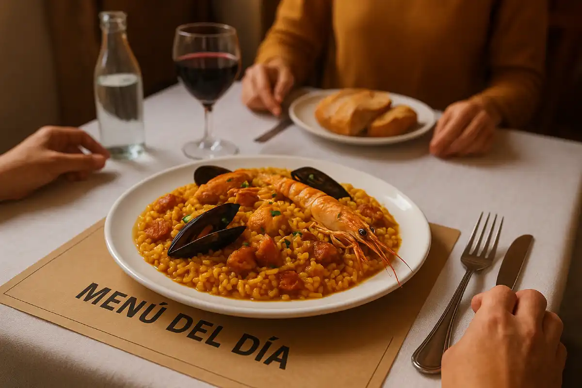 A plate of traditional Valencian paella as part of a Menu del Día.
