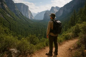 A hiker standing on a secluded trail overlooking a sweeping valley in a National Park, far from the busy paved roads and viewpoints.