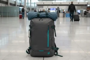 A single, streamlined travel backpack sitting neatly on a smooth airport floor, ready for a flight with no checked luggage.