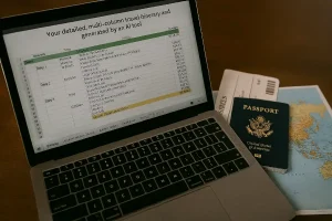 A laptop screen displaying a detailed, multi-column travel itinerary and budget generated by an AI tool, sitting next to a passport and plane ticket.