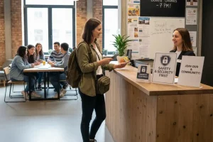 A solo traveler confidently checking into a modern, brightly lit hostel reception area, prioritizing safety and community.
