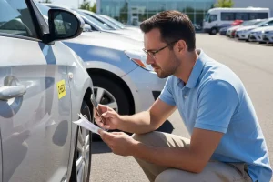 A traveler taking detailed photos of a rental car's exterior damage before driving away from the agency.