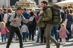 A cautious traveler politely ignoring a tout while keeping a secure backpack close in a bustling, crowded tourist square.
