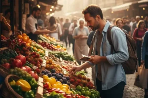 A traveler thoughtfully examining a colorful display of exotic fruits and vegetables in a bustling European market.