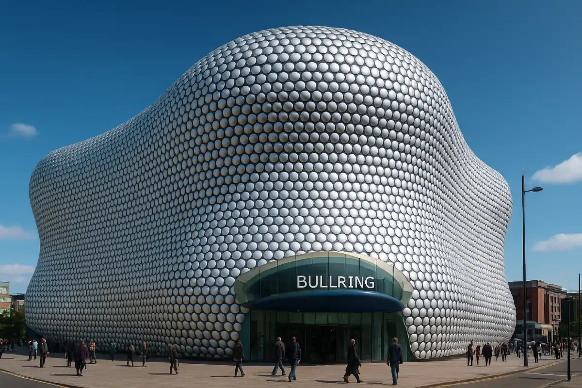The modern, unique architecture of the Bullring shopping centre in Birmingham.