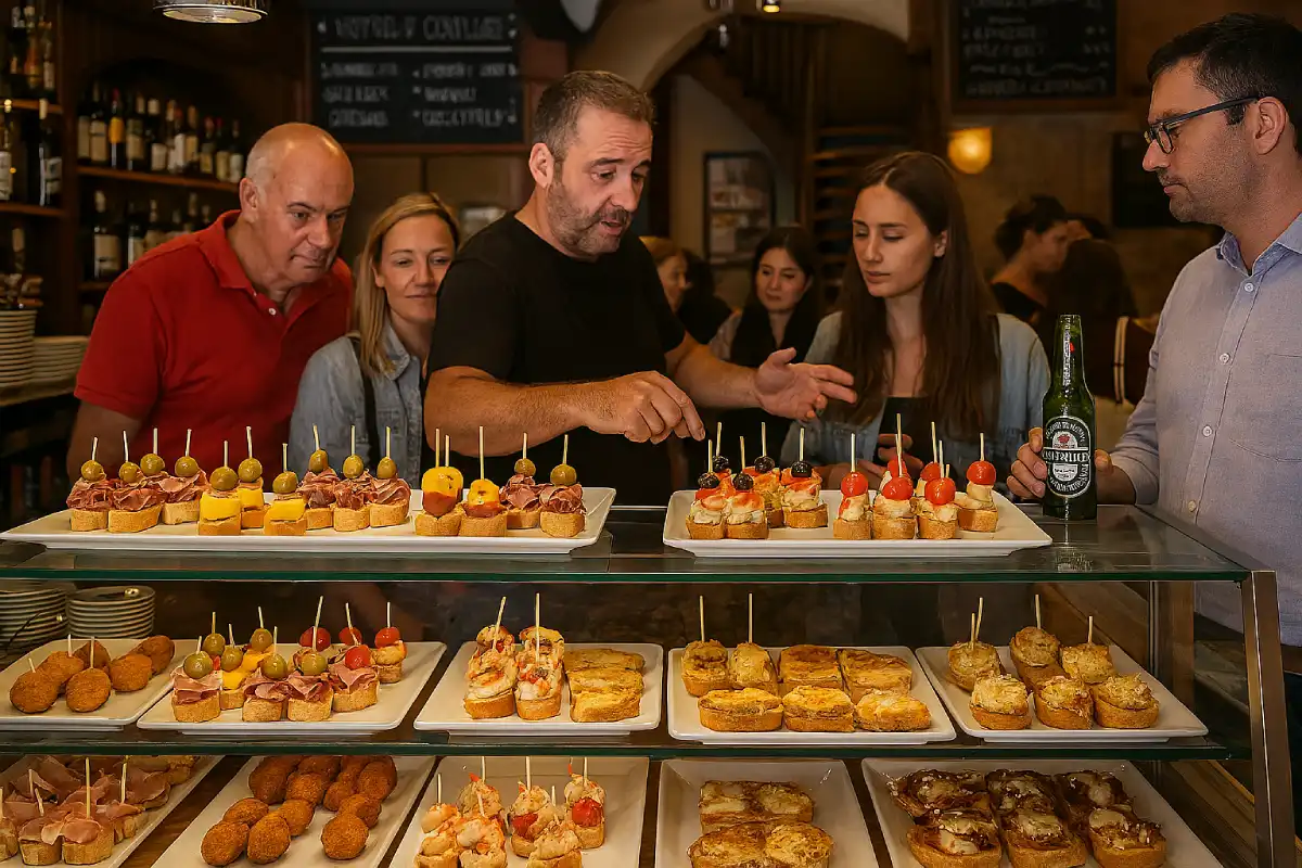 A variety of affordable tapas and pinchos in a bar in Castellón.