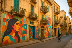 Vibrant street art and balconies in the Mar Mikhael district of Beirut.