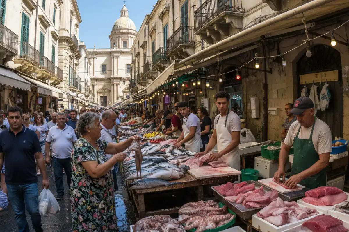 A busy, vibrant scene from Catania's La Pescheria fish market.