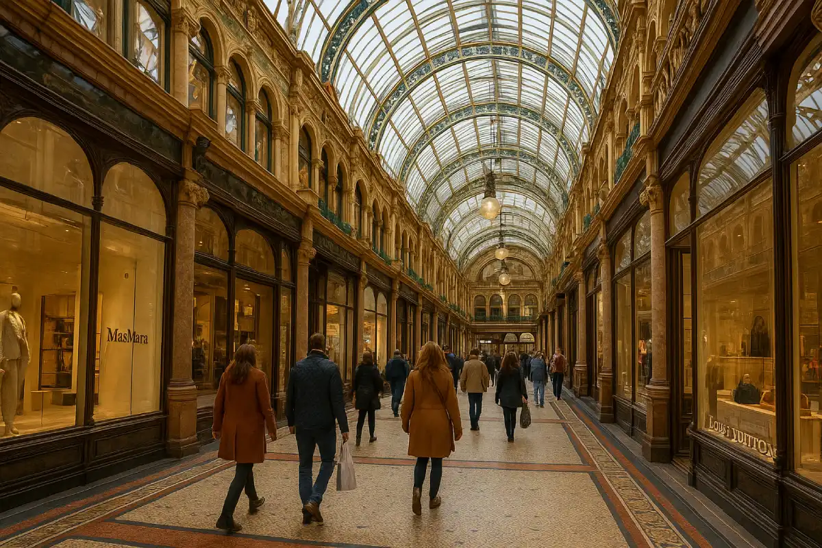 A view inside the stunning Victoria Quarter in Leeds, showing the glass roof and high-end boutiques.