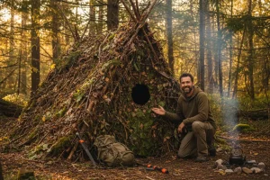 A well-camouflaged, finished Debris Hut shelter tucked beneath the trees, demonstrating effective wilderness construction and insulation.