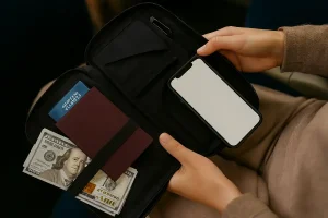 A well-organized travel clutch containing a passport, currency, medical insurance card, and a smartphone, ready for secure international transit.