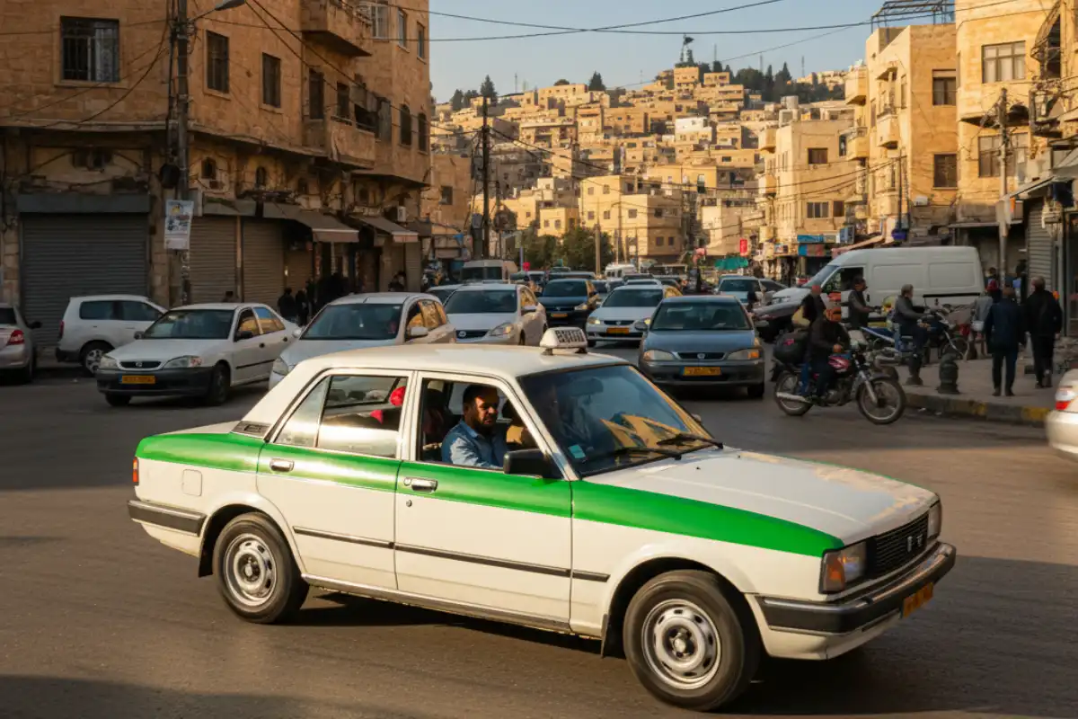 A white and green shared taxi (Service Taxi) on an Amman street.
