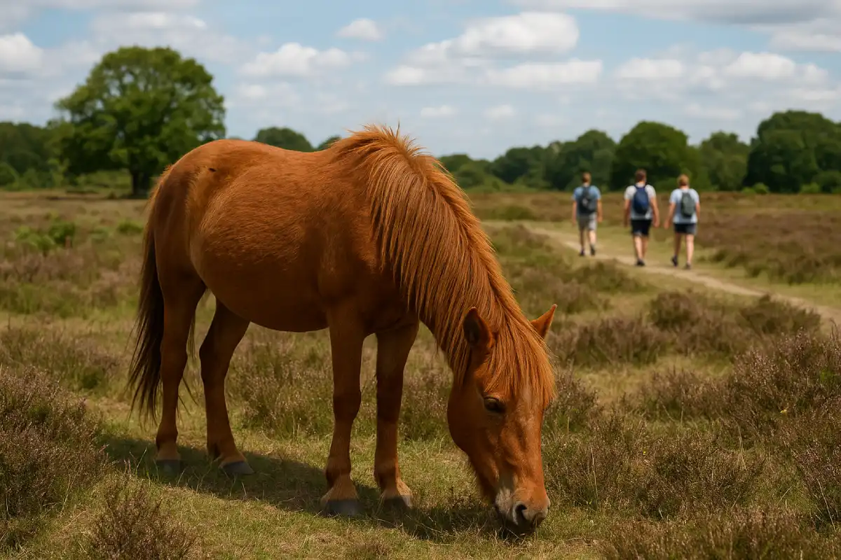 A wild New Forest pony grazing on the heathland.
