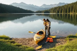 A bright yellow kayak resting on a calm lake shore next to a paddle and a life vest, ready for an easy beginner's launch.