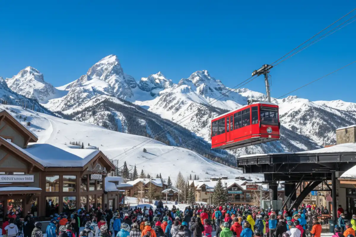 People gathering near the base of the Aerial Tram at Teton Village, Jackson Hole, with shops and resort buildings in the foreground.
