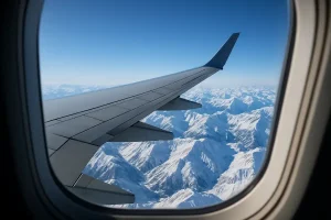 An airplane wing viewed from a passenger window, soaring over snow-covered mountain peaks and a clear blue sky during a winter flight, illustrating the journey to a cold-weather destination.
