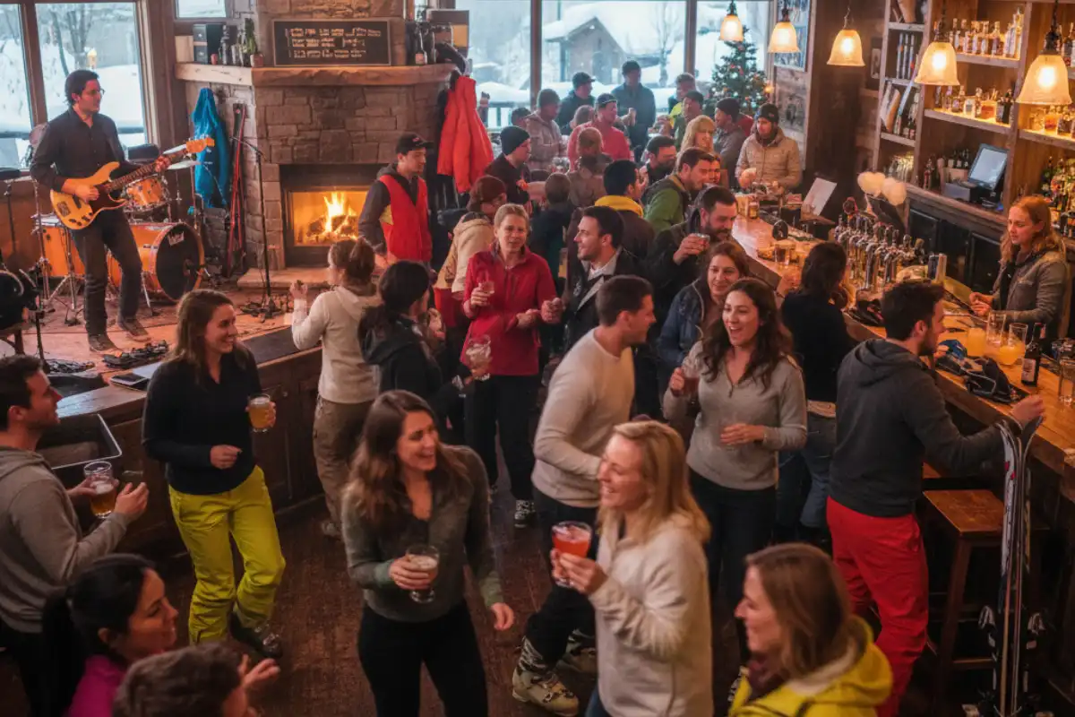 A lively interior scene of an après-ski bar in Mont-Tremblant with people drinking, dancing, and enjoying the atmosphere after skiing.