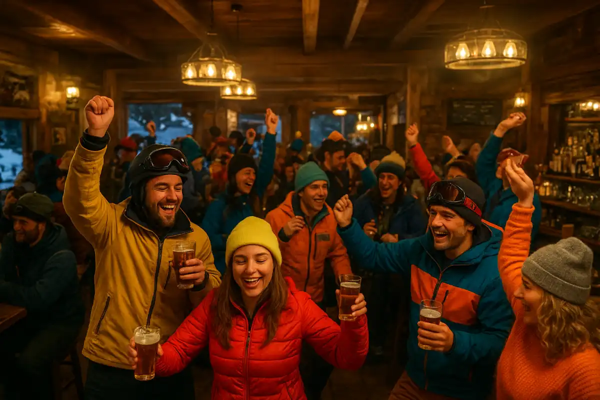 A lively apres-ski bar scene in Bansko with skiers drinking and dancing indoors.