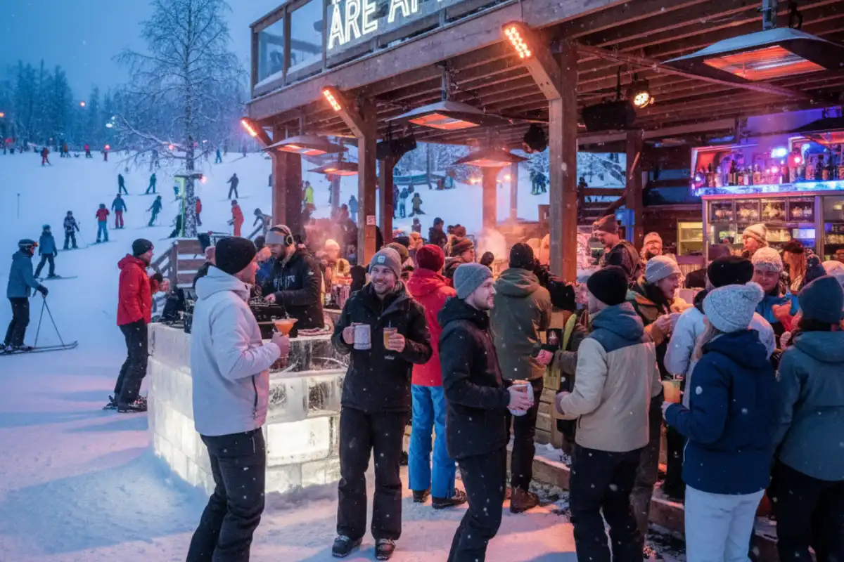 People enjoying the vibrant après-ski atmosphere at a slopeside bar in Åre, Sweden, with music and drinks.
