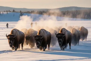 Bisons herd moving through a snow-covered field with steam rising from their backs at sunrise