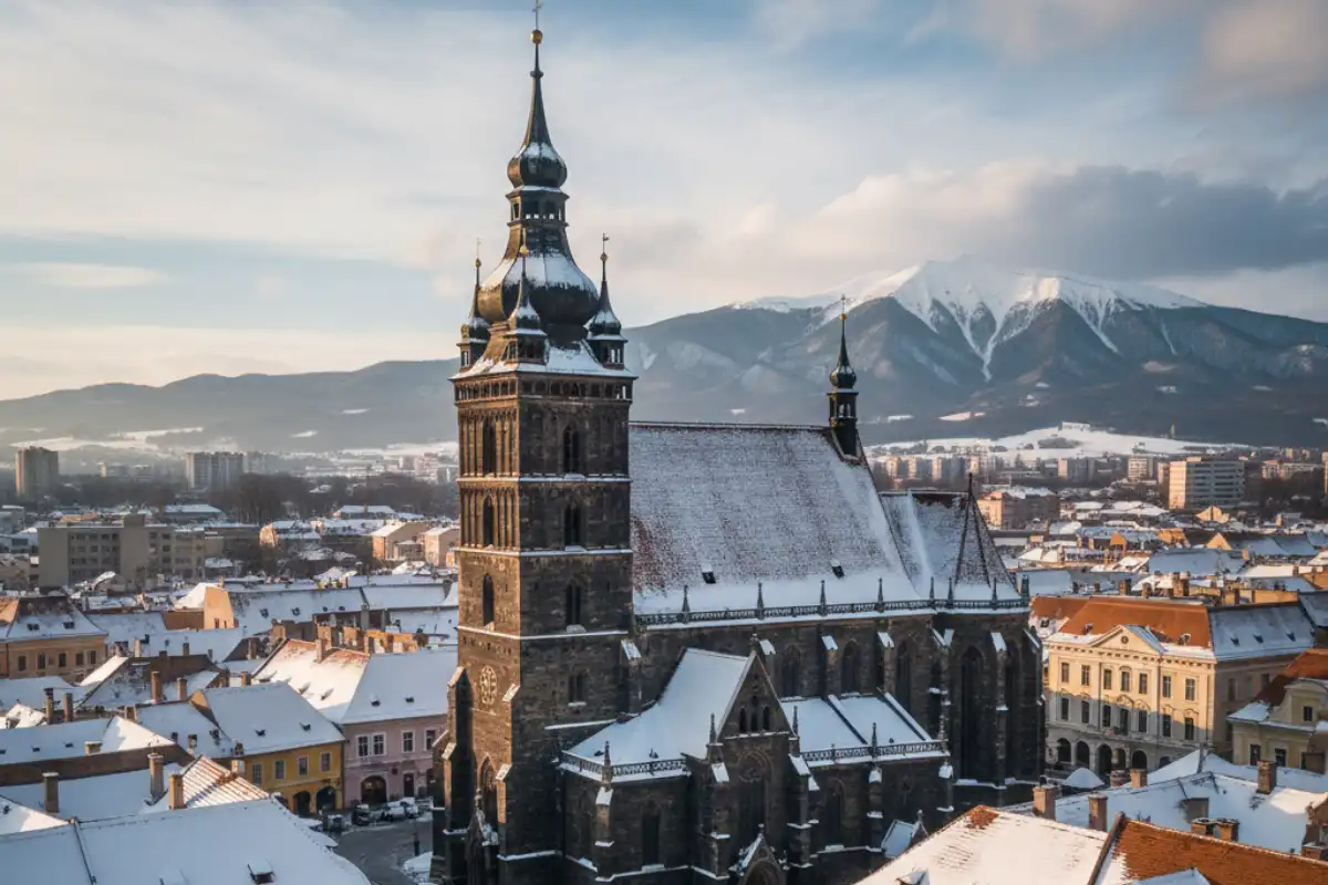 The gothic Black Church (Biserica Neagră) in the historic centre of Brașov, surrounded by traditional Transylvanian architecture.