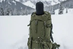 A sleek, lightweight black puffer jacket stuffed into its own small compression sack, resting on a packed backpack beside a snowy mountain trail, emphasizing packability for cold weather travel.