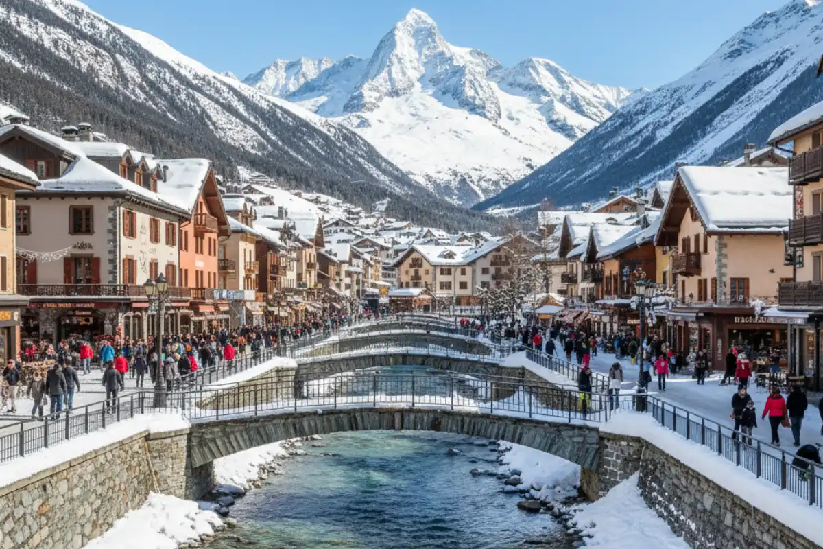 The central Chamonix village and Arve River with bridges and pedestrian areas.