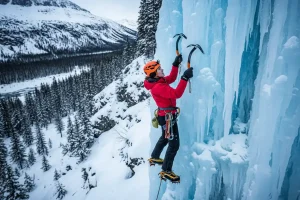 A climber in bright red gear scaling a massive, frozen blue waterfall using ice axes and crampons, illustrating the extreme beauty and intensity of the sport.