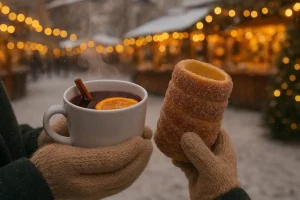 A close-up shot of hands holding a steaming cup of mulled wine (Glühwein) and a warm, sugar-coated chimney cake (Trdelník) at a festive, lightly snow-covered European Christmas market, capturing the essence of cold-weather comfort food.