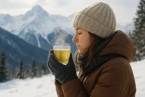 A person wearing warm, layered clothing and gloves holding a steaming cup of herbal tea or warm water against a snowy mountain backdrop, emphasizing hydration and warmth during winter travel.